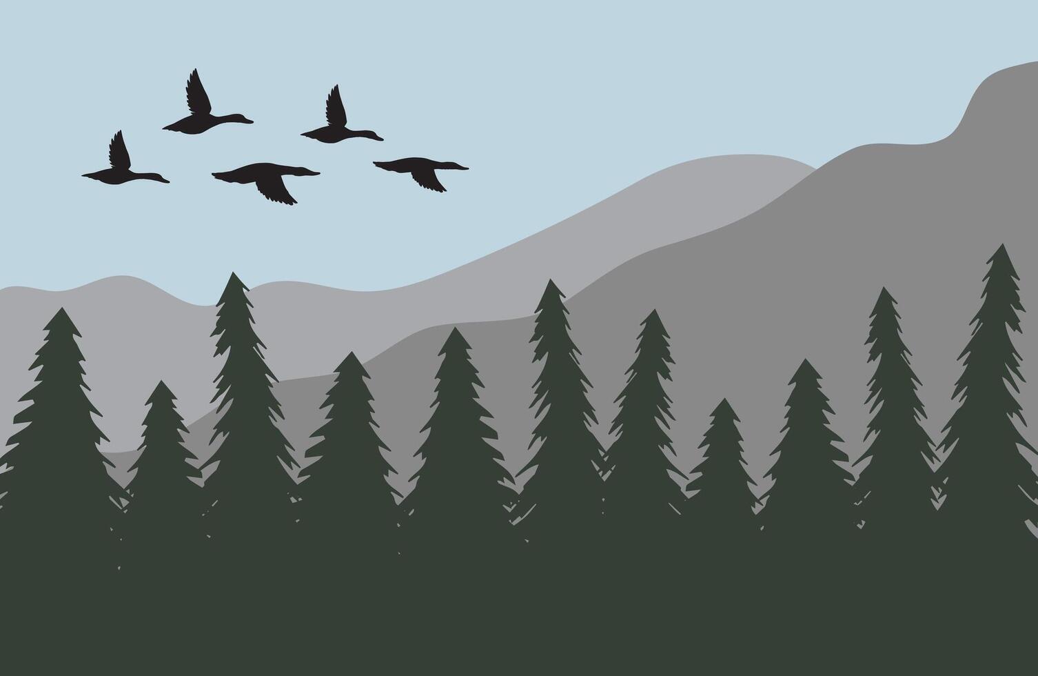 Duck flock silhouette isolated on flat cartoon landscape with spruce tree forest and mountains vector