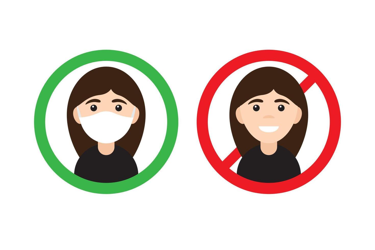 Flat cartoon No entry without medical face mask signs. Two different Woman girl in circle isolated on white background vector