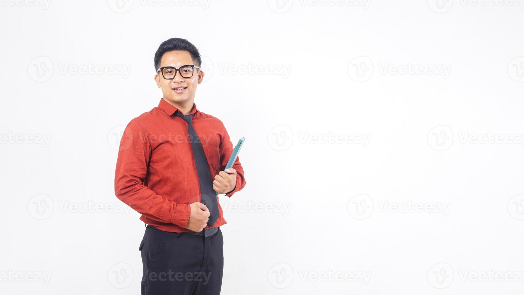 Portrait of Asian Male Office Worker in Formal Shirt Holding Digital Tablet with Copy Space on White Background photo