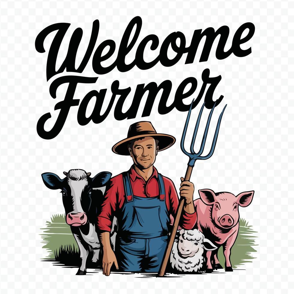 welcome farmer with animals and text vector