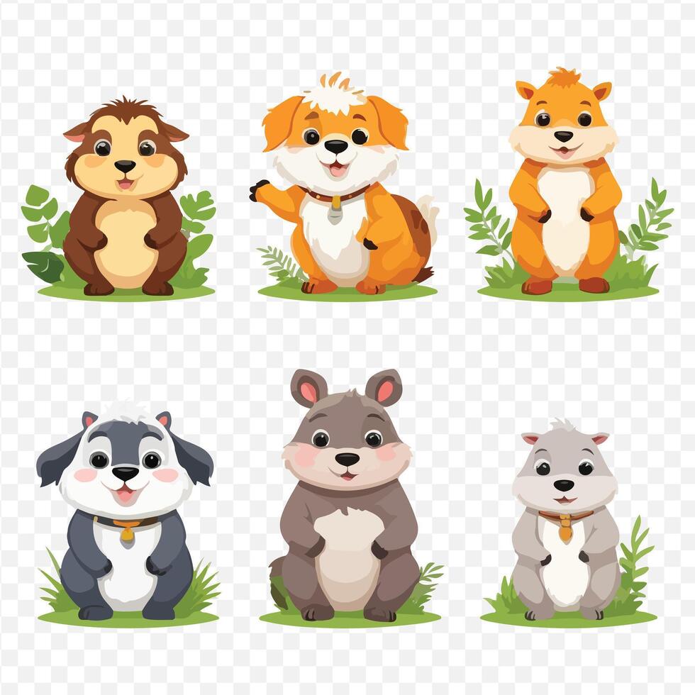 set of cute cartoon animals on grass, including squirrel, rabbit, dog, and squirrel vector
