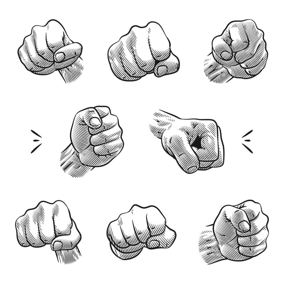 Engraving Style Line Art Clenched Fist Punch Pose Collection vector