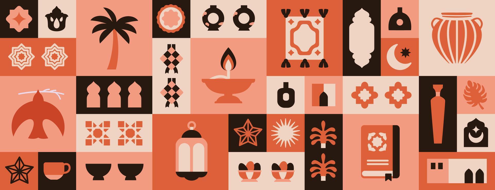 minimalist ramadan kareem pattern with various islamic icons and symbols, islamic illustrations for posters, wallpapers and greeting cards vector