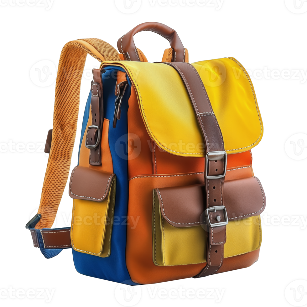 Vibrant Backpack With Multiple Pockets Displayed on a Plain Background png