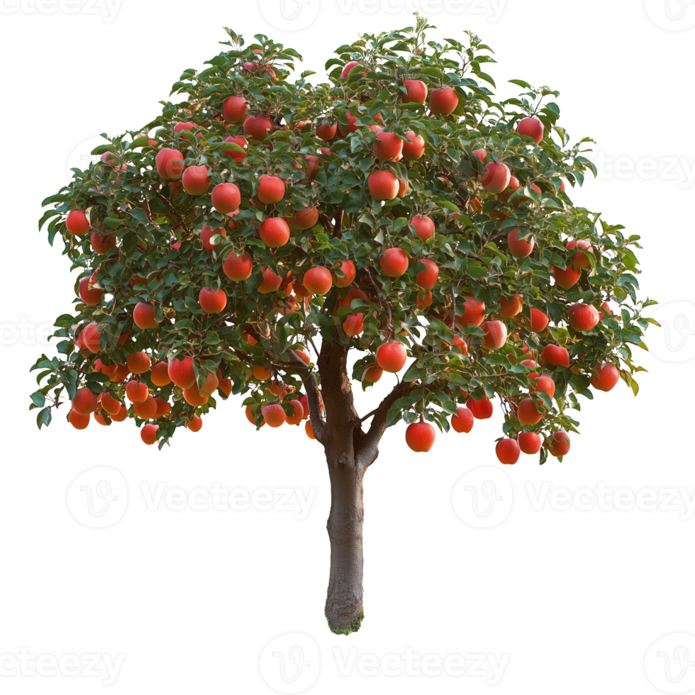 Bright Red Apples Hanging From a Lush Tree in a Garden Under Clear Blue Sky png