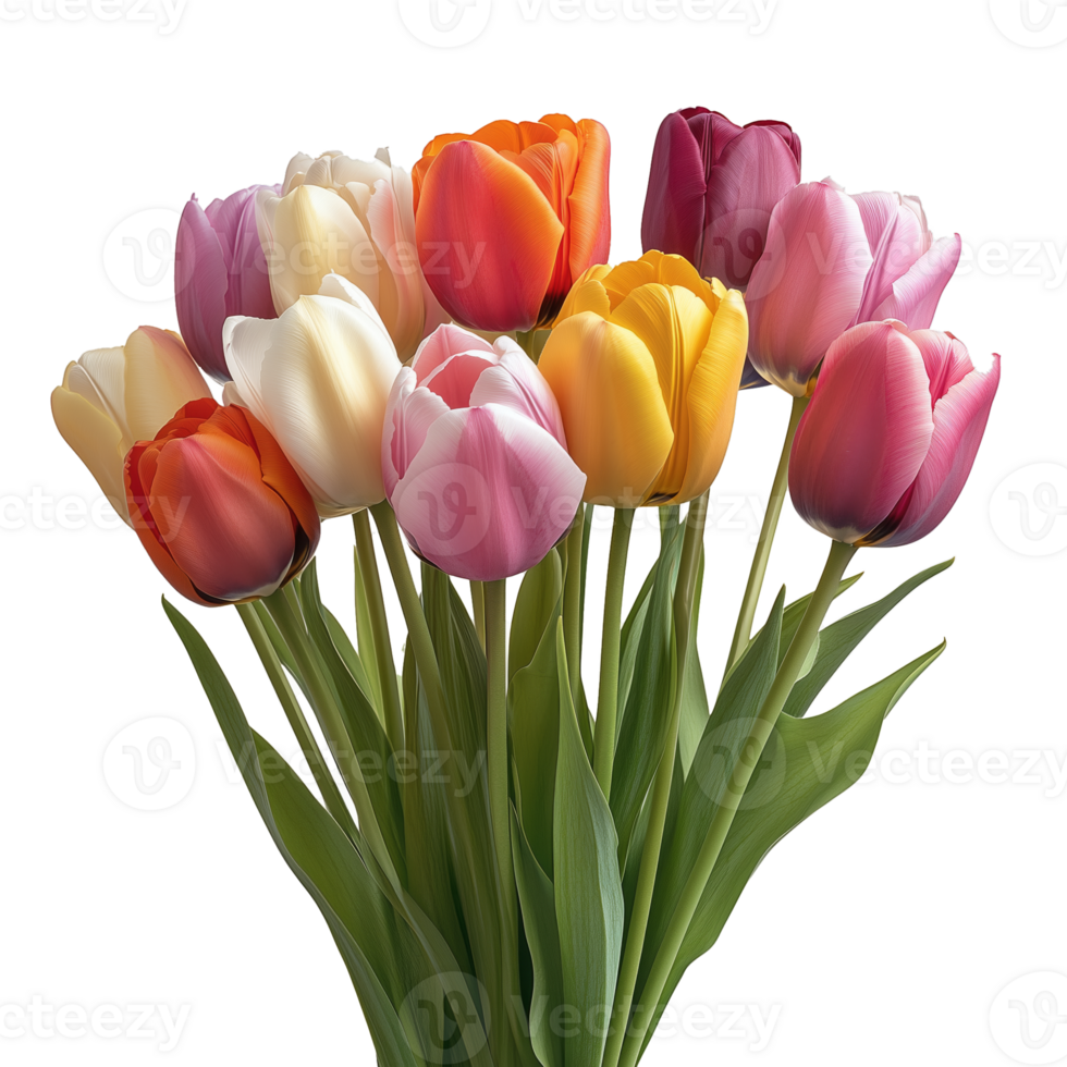 Bright and Colorful Tulips Arranged in a Vibrant Bouquet on a Plain Background png