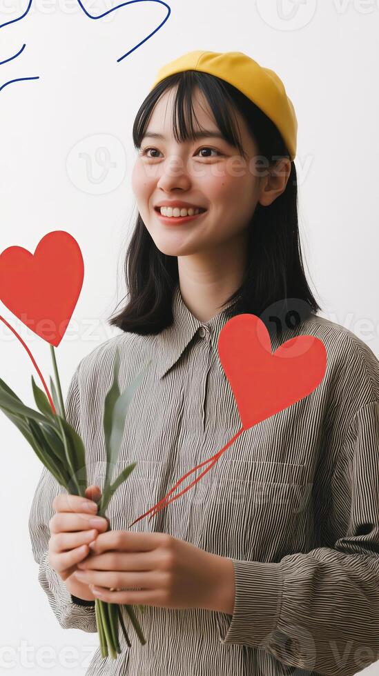 A young woman smiles brightly while holding green stems with red heart cutouts. She wears a striped shirt and a yellow cap, exuding warmth and happiness in a light setting. photo