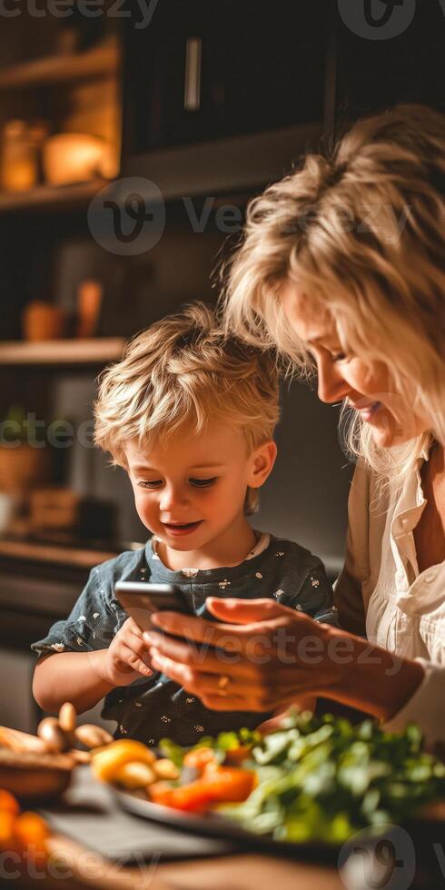 A heartwarming scene of a mother and her young son in a cozy kitchen, sharing smiles while preparing fresh vegetables. The warm lighting enhances their joyful interaction. photo