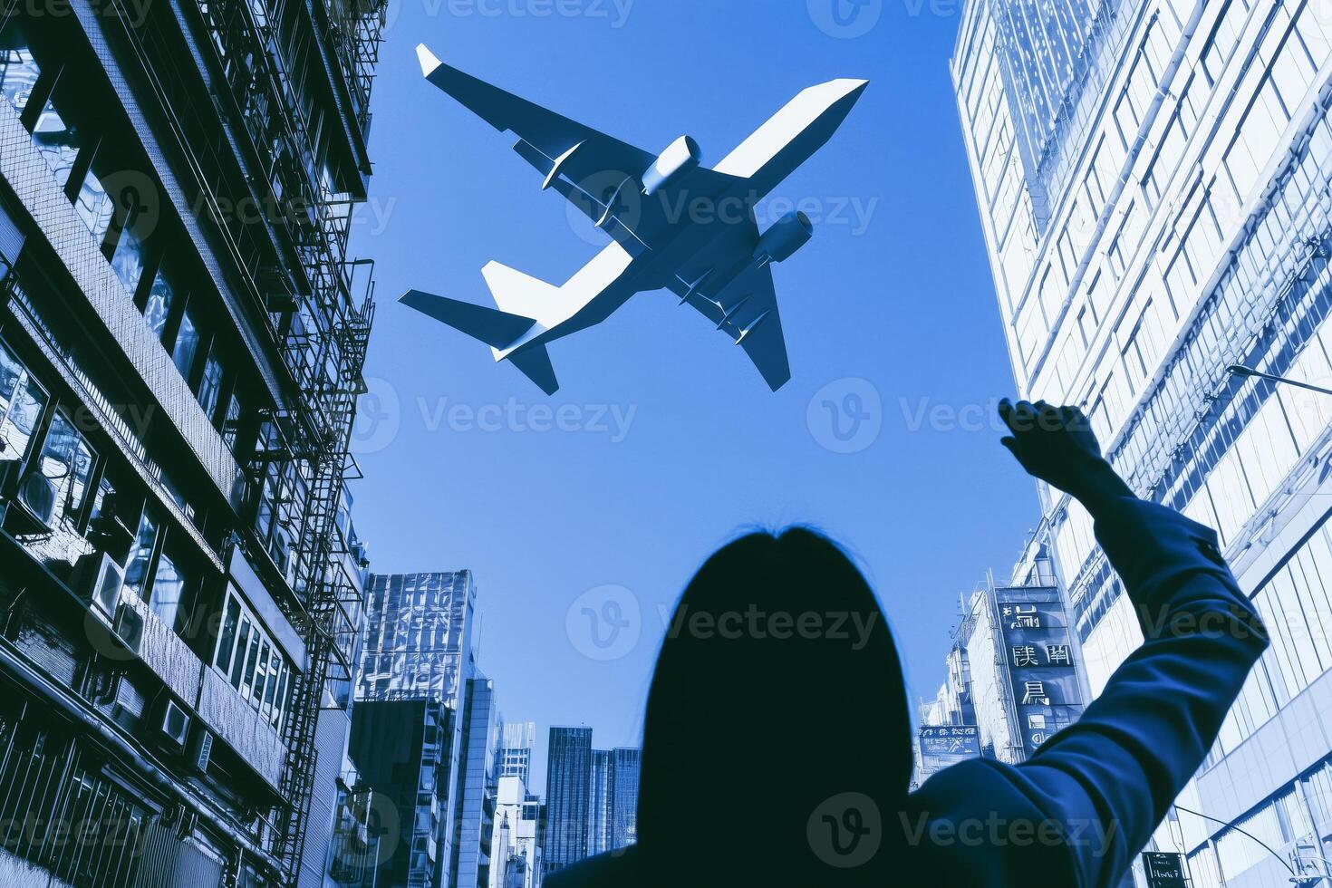 A silhouette of a woman waves towards a flying airplane against a bright blue sky. Surrounding skyscrapers create an urban backdrop, emphasizing the contrast of movement and stillness. photo