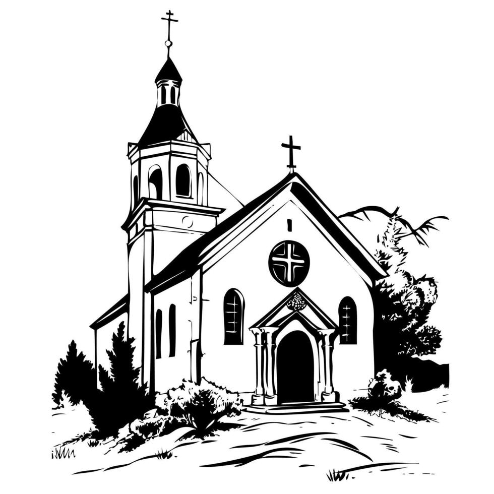 Beautiful historical church building illustration for religious design. For wedding, first communion, baptism invitation. Black and white illustration vector
