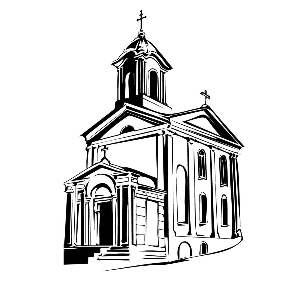 Architectural illustration of historic church building for religious and cultural design projects. For wedding, first communion, baptism invitation. Black and white vector