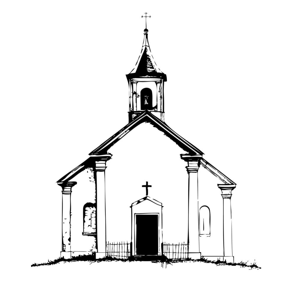 Minimalistic black and white church illustration for religious themes. For wedding, first communion, baptism invitation vector