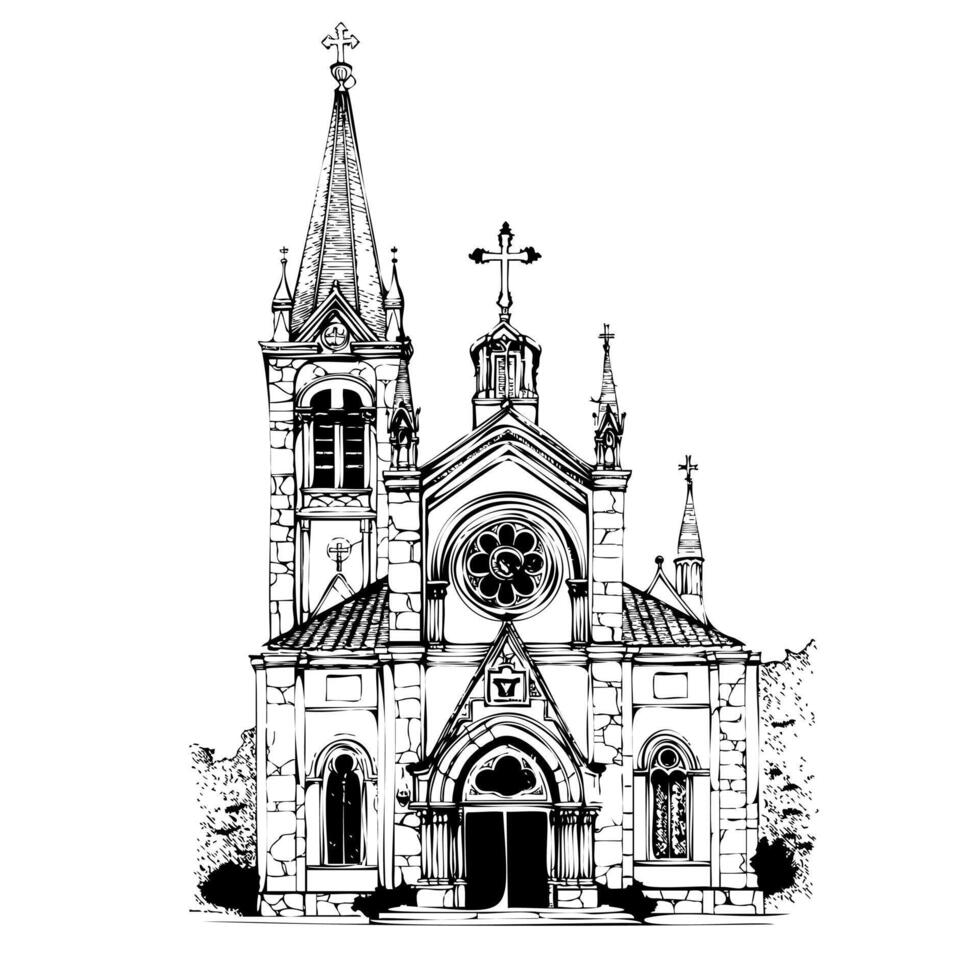 Elegant cathedral drawing with detailed gothic architecture and rose window. Black and white illustration for wedding, first communion, baptism invitation vector