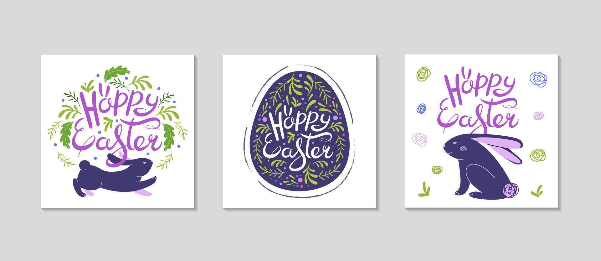 Happy Easter cards set. Greeting square post background for Social media. Holidays spring invitation. Easter eggs in doodle style, spring flowers and rabbit. flat illustration. vector
