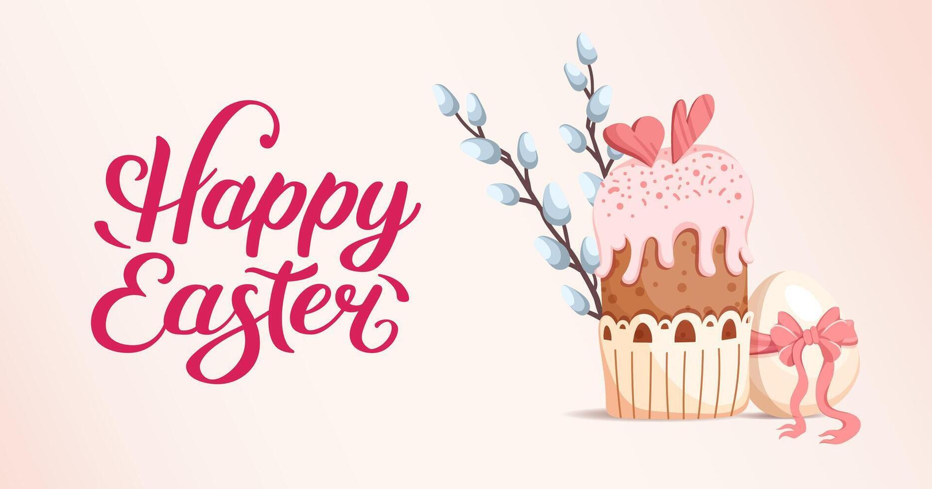 Charming Easter banner with festive cake, pastel eggs, and blooming willow branches. An egg with pink ribbon bow. Perfect spring design for holiday greetings, invitations. flat illustration. vector