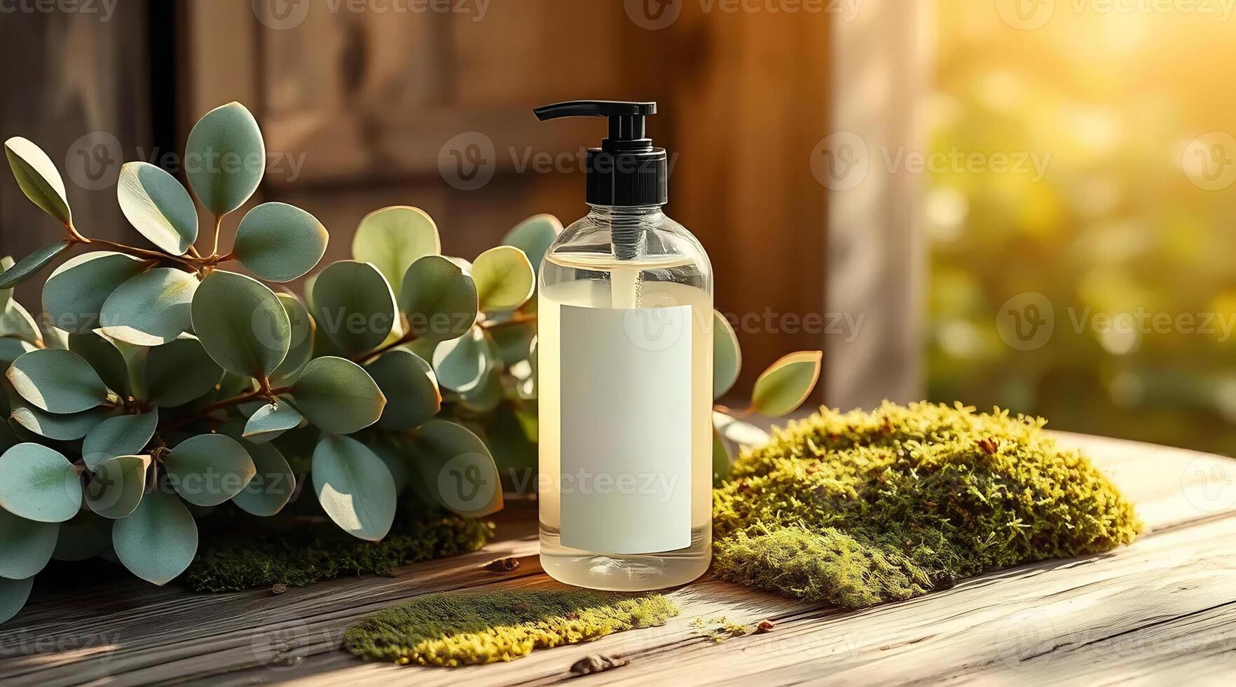 A bottle of hand soap is placed on a wooden table with a green plant photo