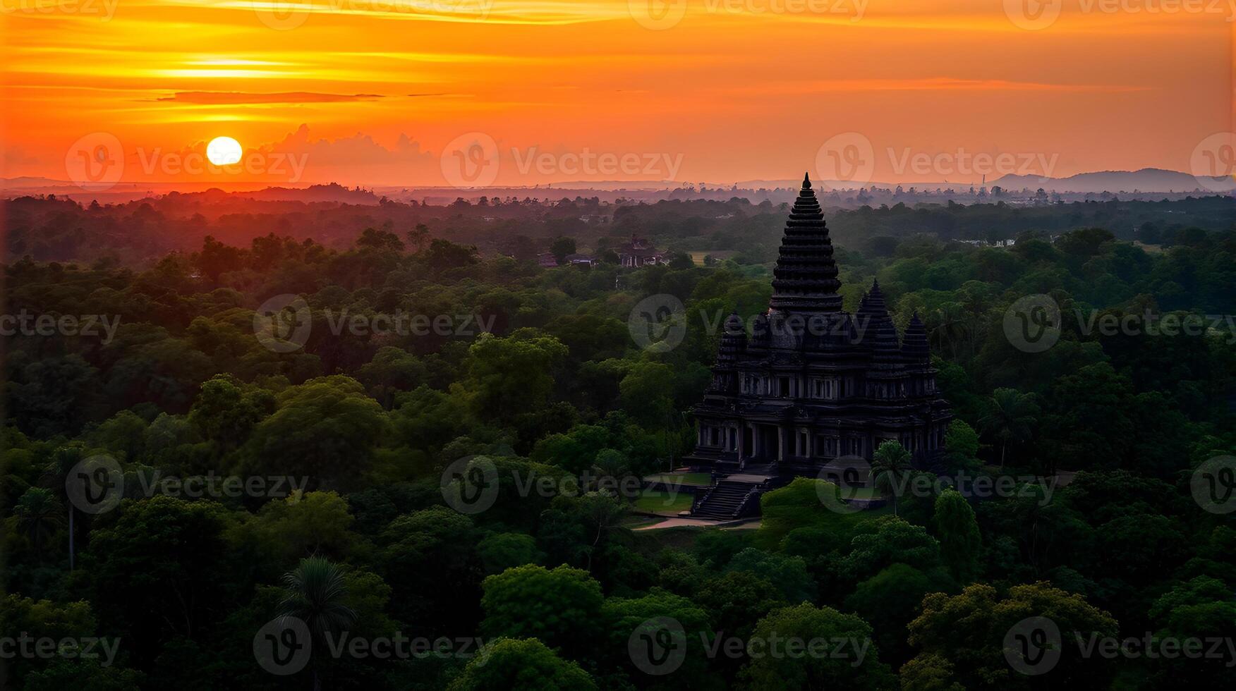 The sun sets over a large temple in the middle of a forest photo