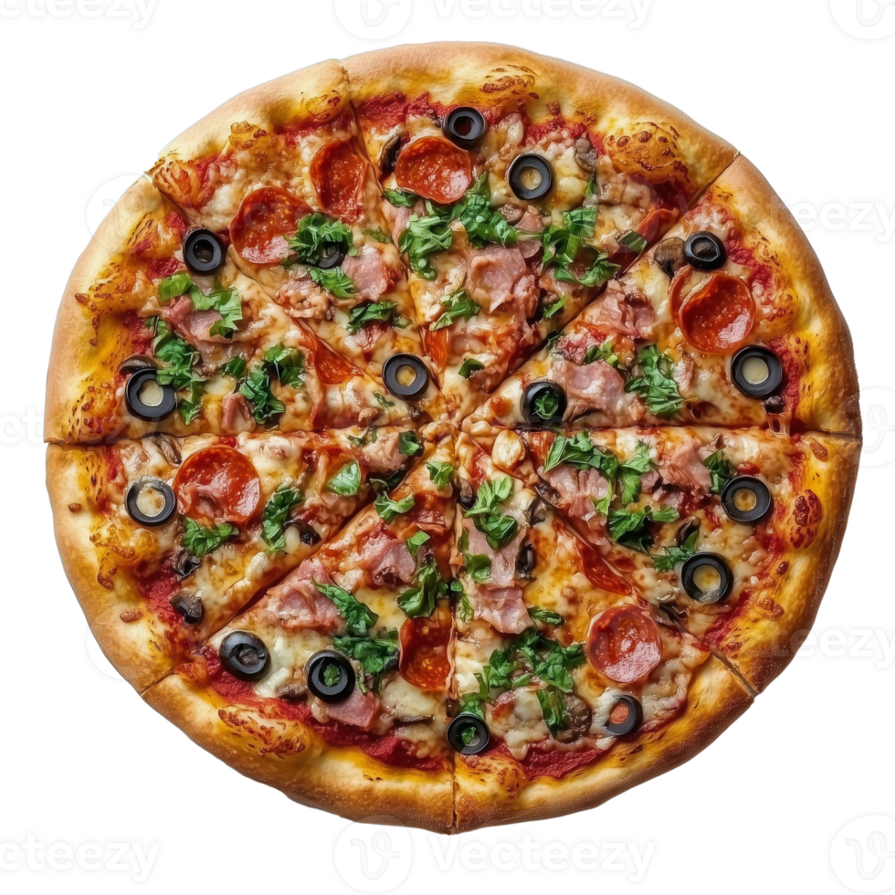 Delicious Pizza Topped With Pepperoni, Olives, and Fresh Greens Served on a Wooden Table png