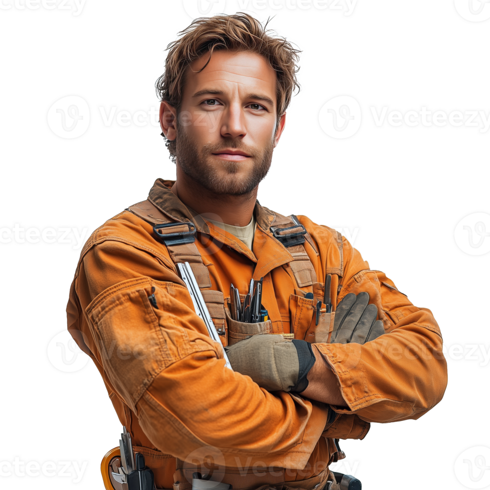 Skilled Worker in Orange Uniform Poses Confidently With Crossed Arms in a Studio Setting png