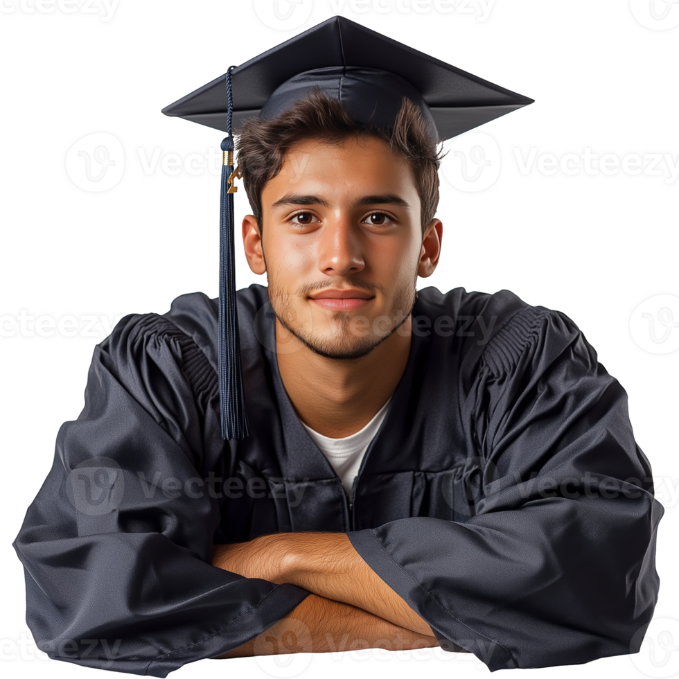 Young Man in Graduation Cap and Gown Smiles With Arms Crossed in Daytime Studio Setting png