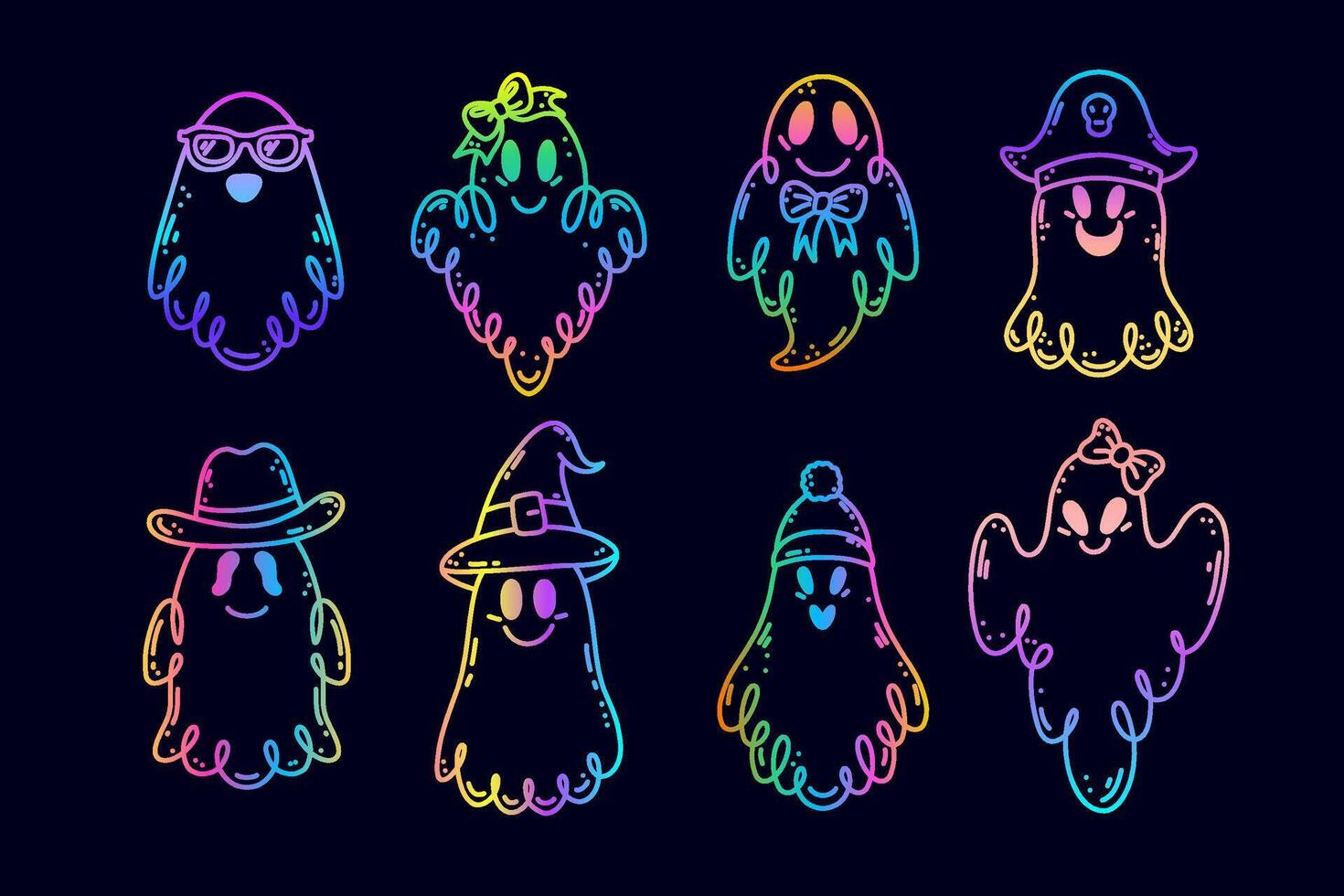 Collection of ghosts in doodle style with gradient colors. vector