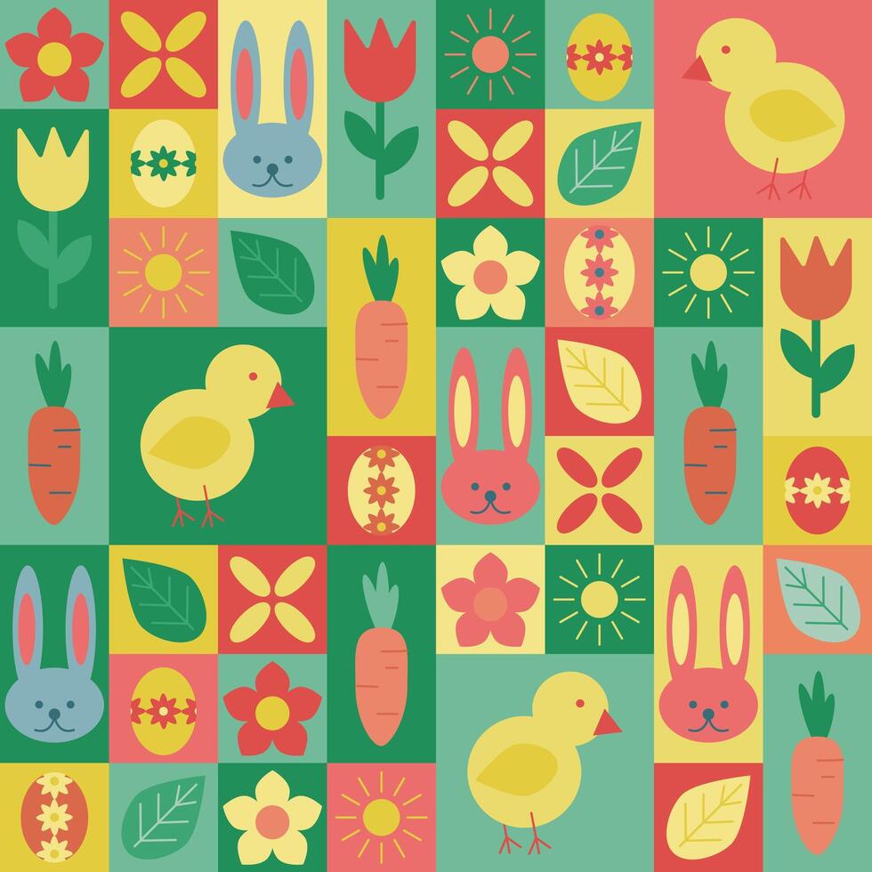 Seamless Easter pattern with cute bunnies, chicks, decorated eggs, flowers, and carrots in a geometric modular design, featuring bright spring colors vector