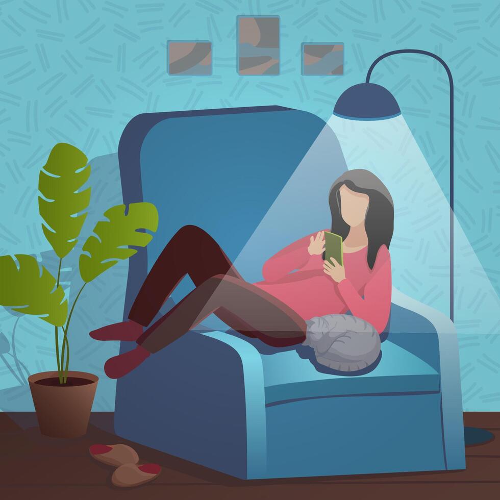 Young girl is sitting on an armchair and using a phone vector