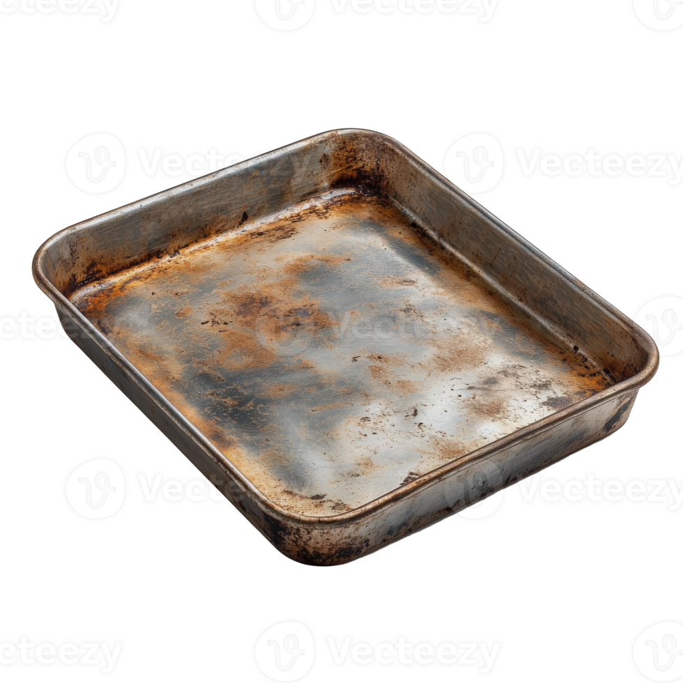 Old Metal Baking Tray With Stains and Scratches at Kitchen Counter Surface png