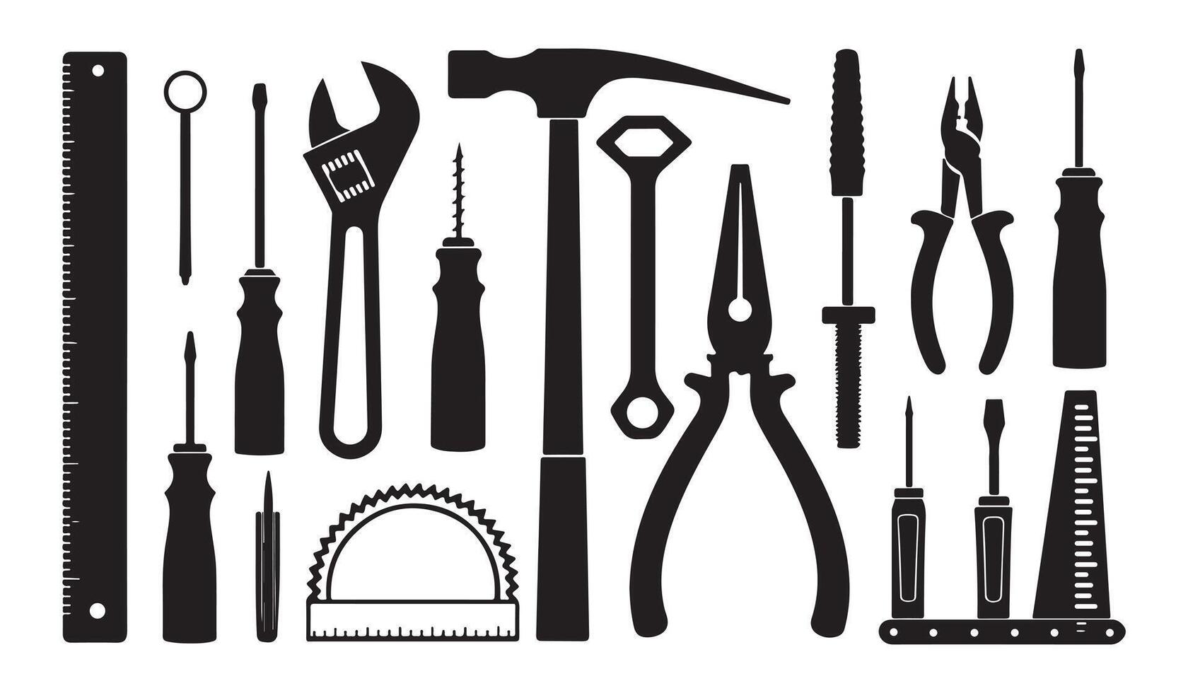 illustration of silhouette hand tools set with wrench screwdriver pliers and measuring tools vector