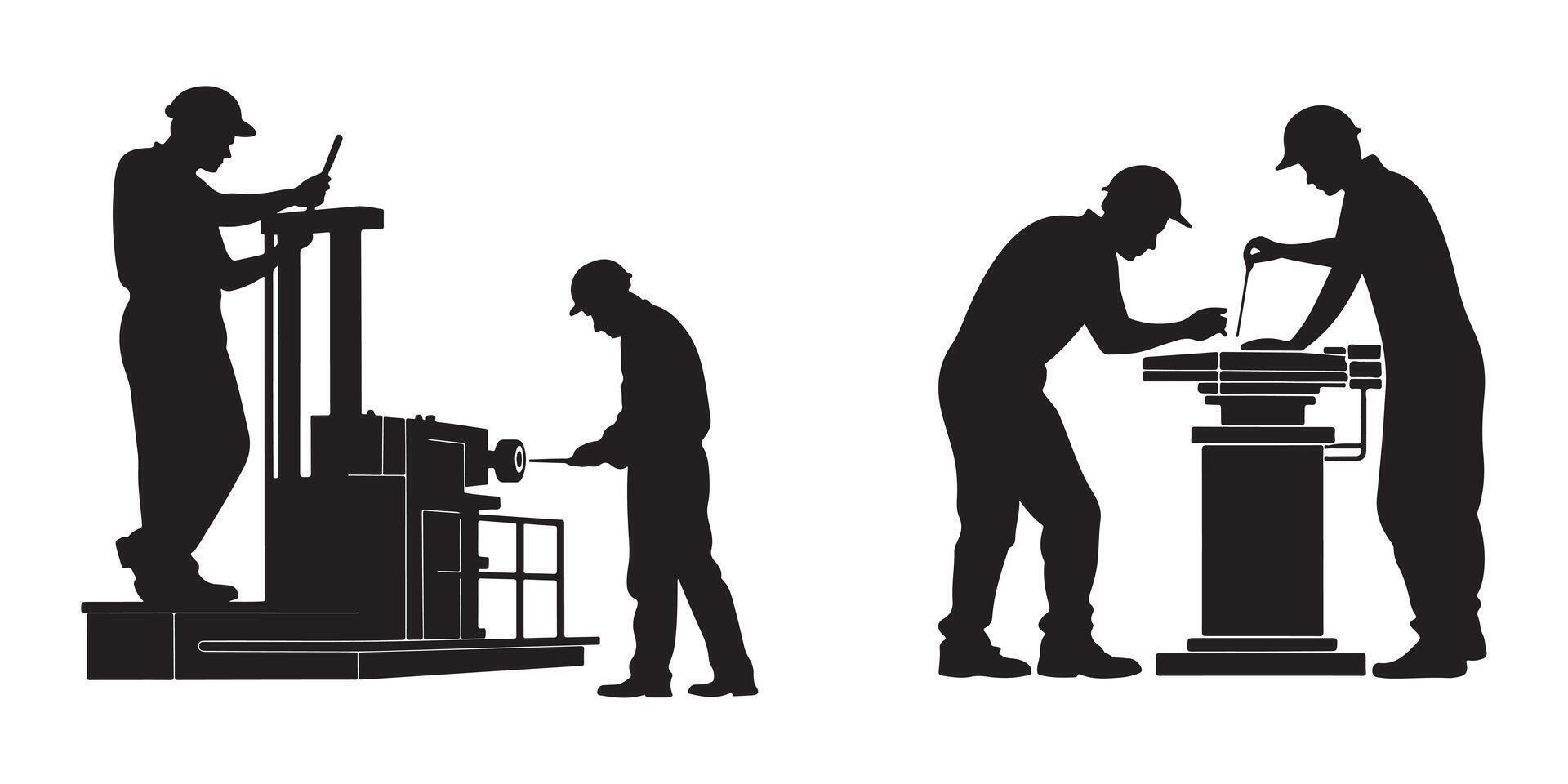 Silhouette of workers at construction site performing industrial labor tasks vector