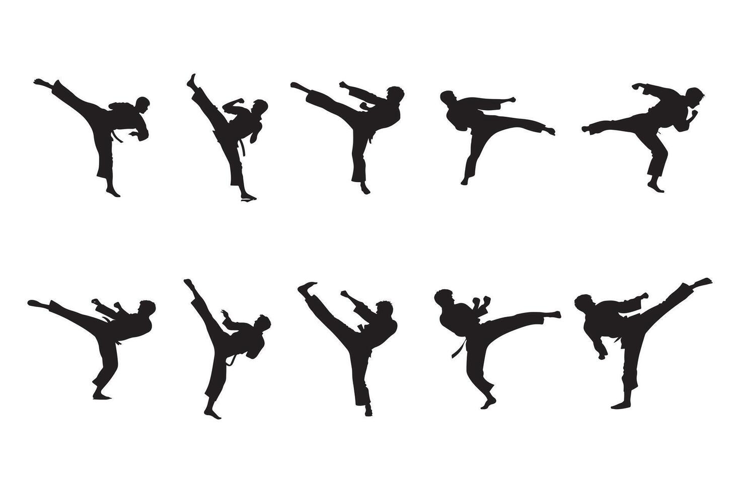 Martial arts silhouette of karate fighters executing powerful kicks for self-defense and training vector