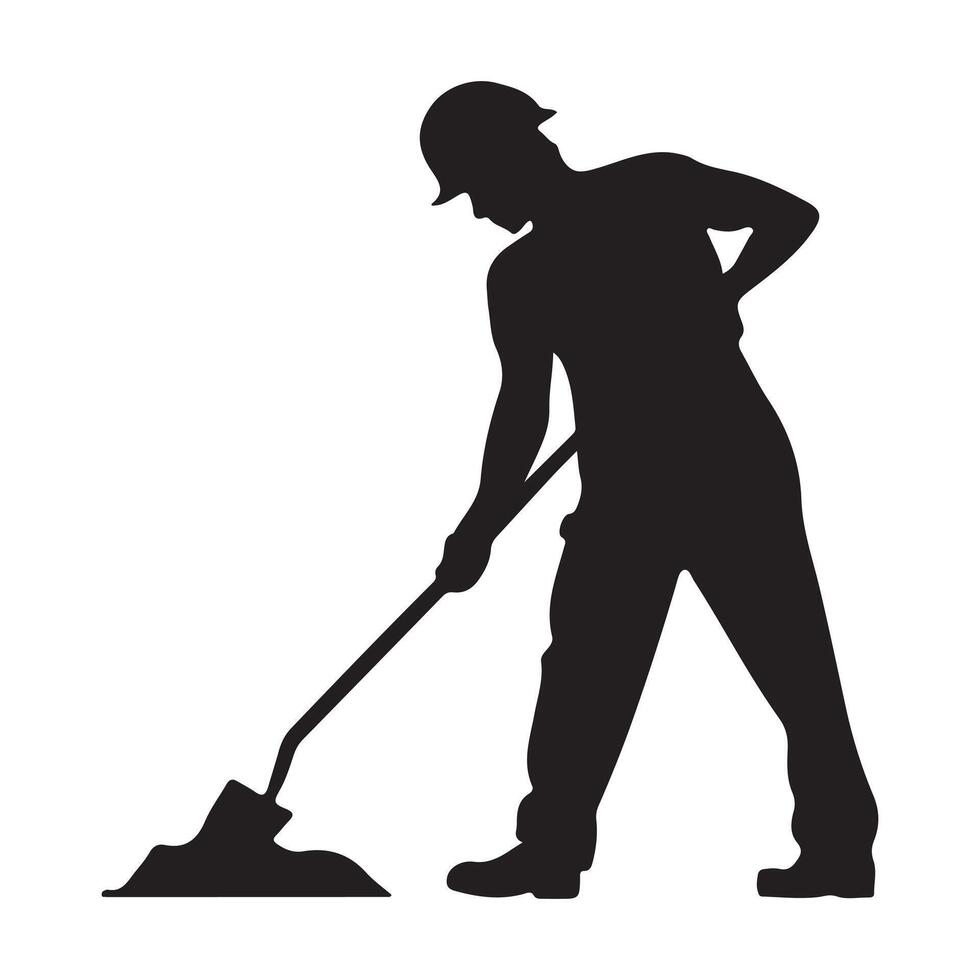 Silhouette of construction worker wearing helmet and holding tools on white background vector