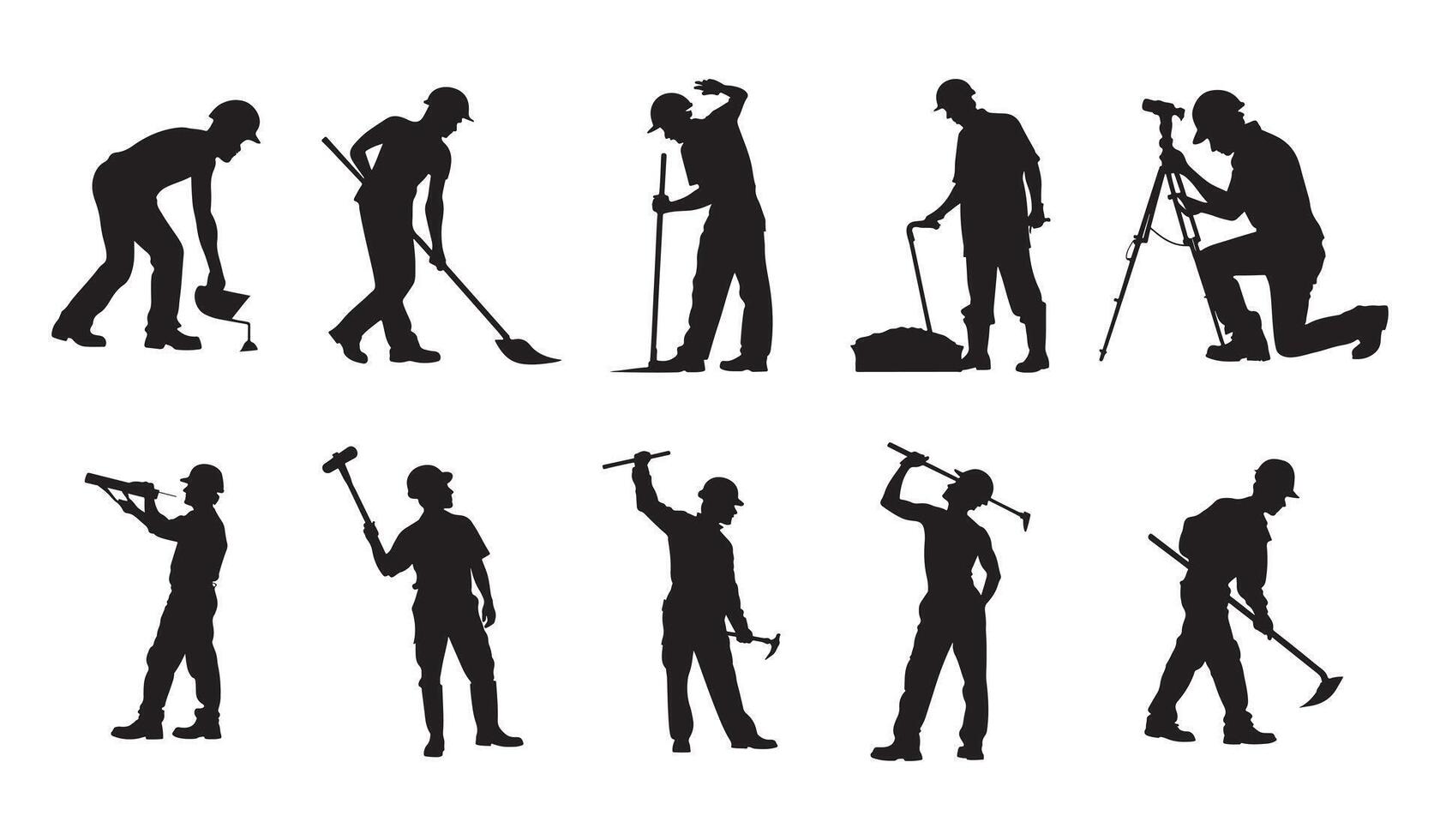 Silhouettes of construction workers wearing helmets and working on site vector