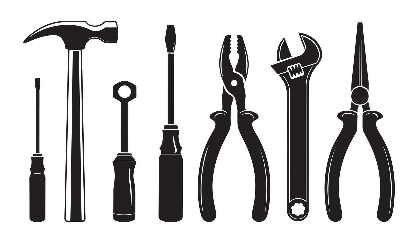 Silhouette of hand tools including wrench screwdriver and pliers for repair and construction vector