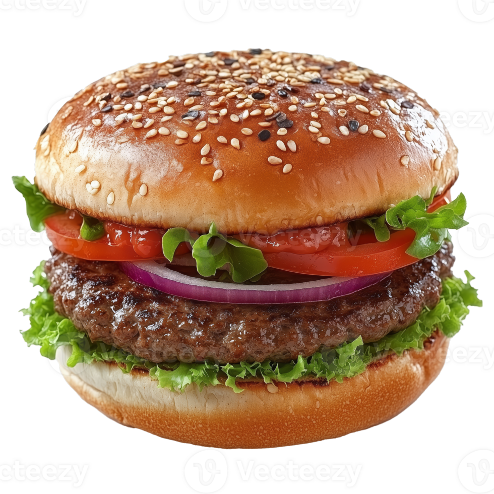 Delicious Sesame Seed Bun Burger With Fresh Toppings and Juicy Patty Served on a Wooden Table png