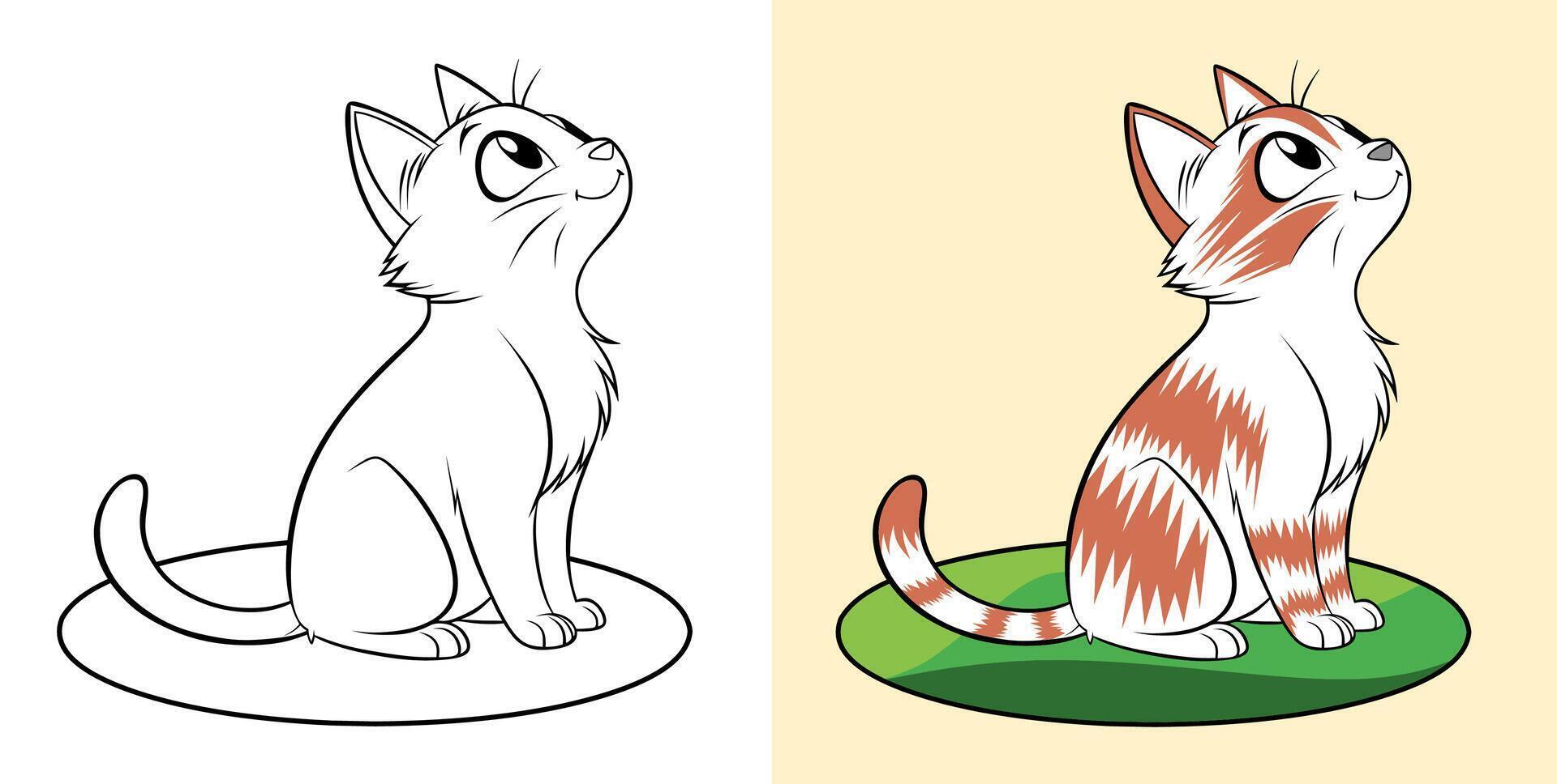 Cartoon illustration of a cat, shown in both outline and color versions, gazing upwards vector