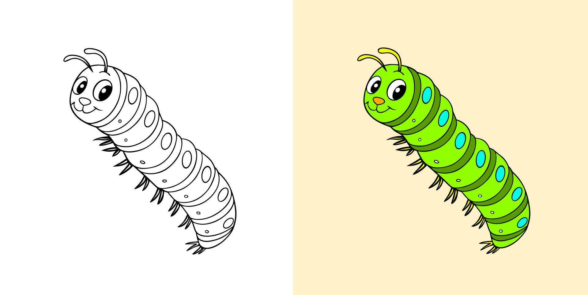 Colorful Cartoon Caterpillar Illustration with Coloring Page Version Included. vector