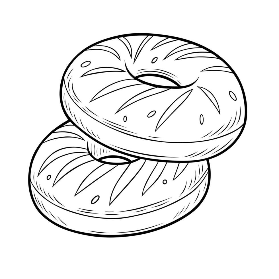A minimalist line art illustration of a pletzel, a traditional Jewish onion flatbread with a crispy texture. Ideal for bakery branding, menu designs, food packaging, and monochrome. vector