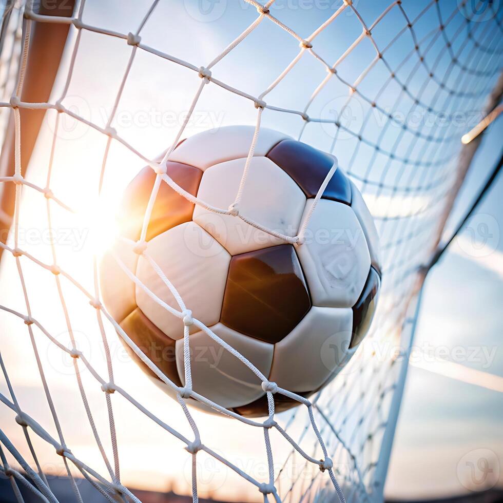 A soccer ball is sitting in the net photo