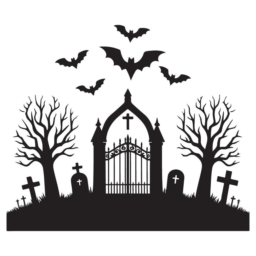 Scary Graveyard Bats Silhouette Illustration for Halloween Themed Designs vector