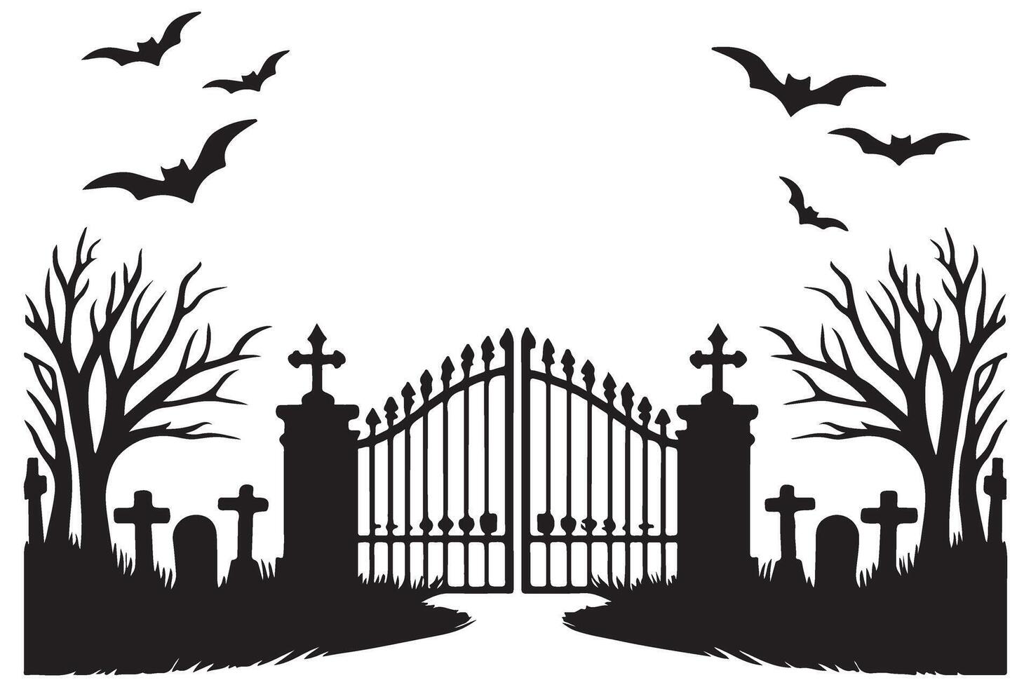 Spooky Cemetery Silhouette Illustration Entrance Gate Bats and Tombstones vector
