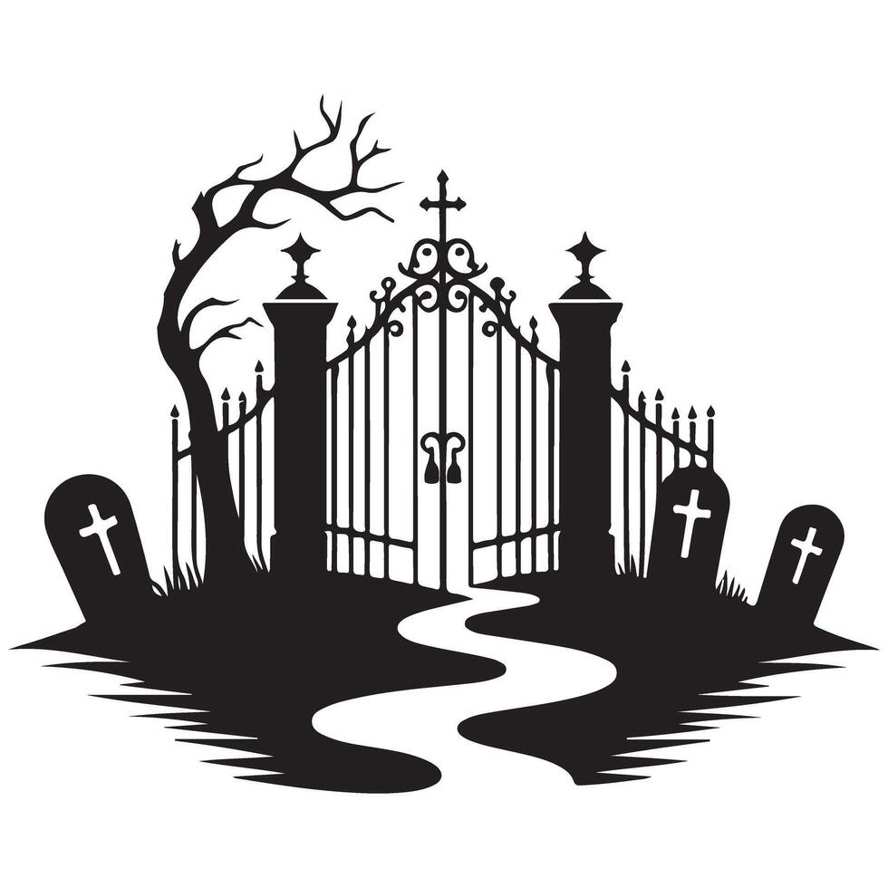 Haunted Graveyard Entrance Silhouette for Halloween Graphic Projects vector