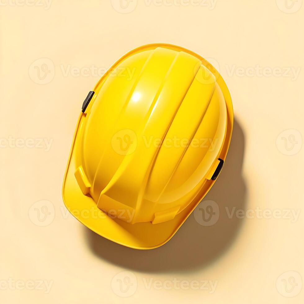 A bright yellow hard hat sits on a beige background safety equipment construction worker photo