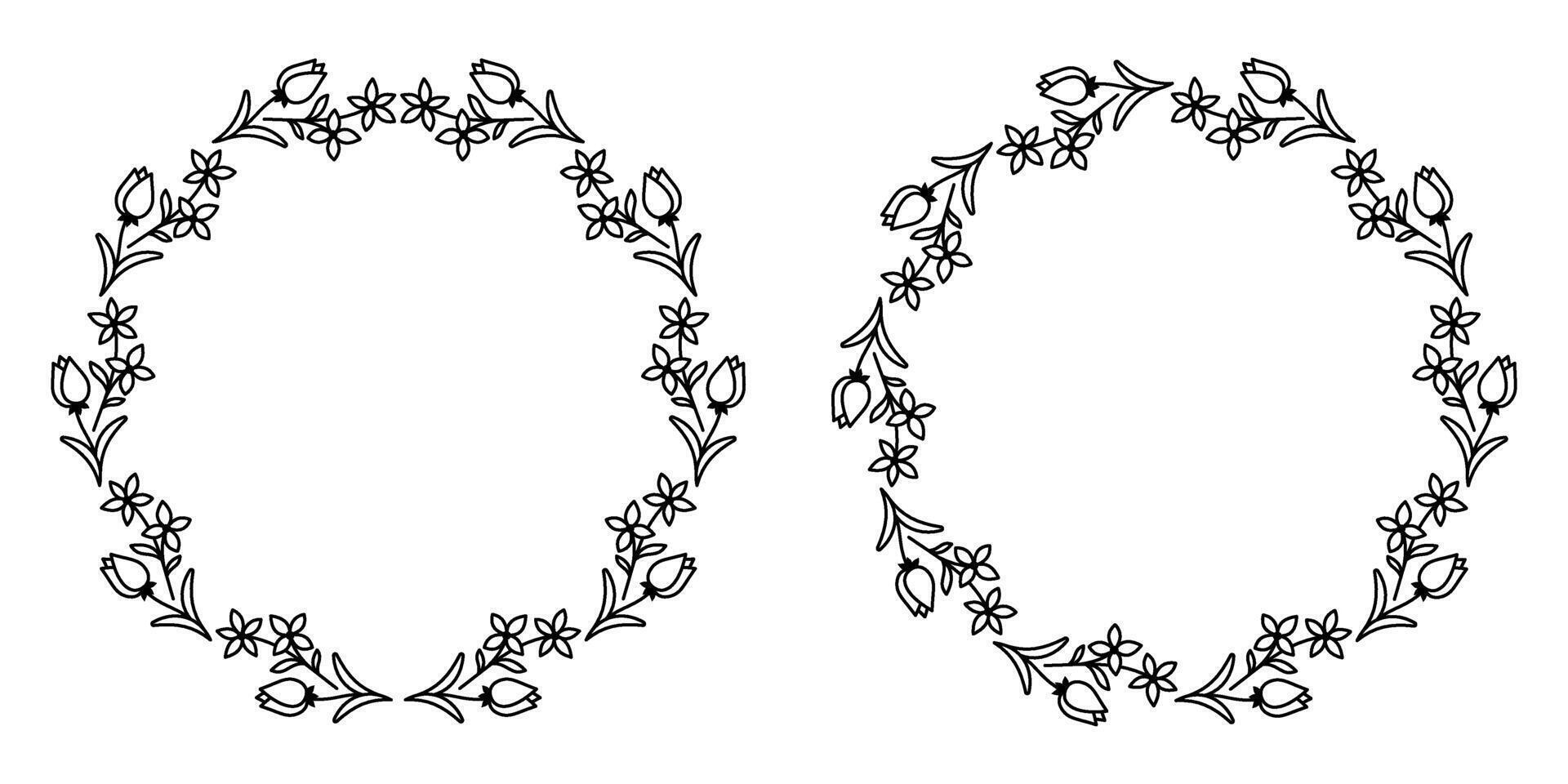 Hand-Drawn Floral Wreath with Tulips and Small Flowers in Elegant Line Art Style, Perfect for Spring, Easter, Women's Day, Wedding Invitations, and Greeting Cards with Editable Text Space vector