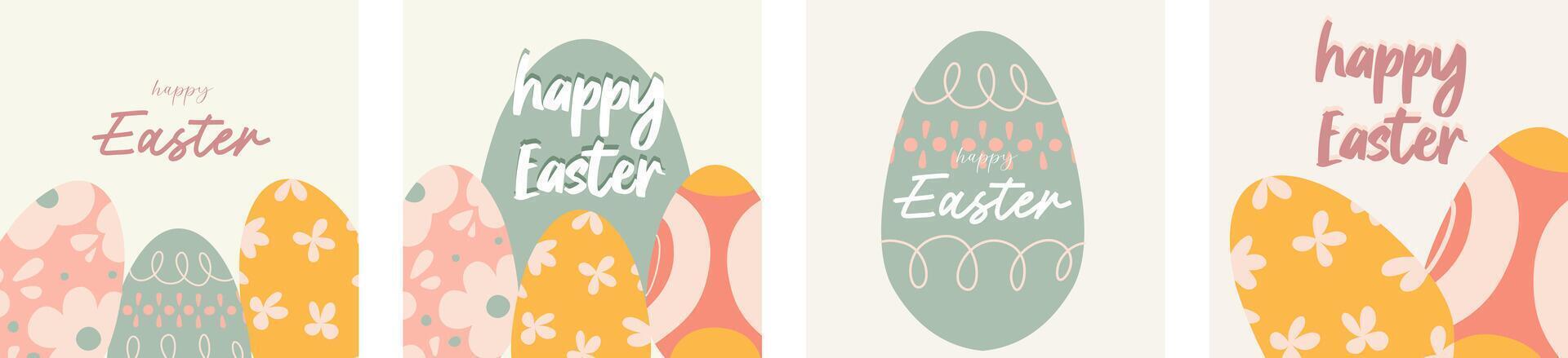Happy Easter square cards templates set. Spring background with easter eggs. Illustration for invitation, banner, web internet ads vector