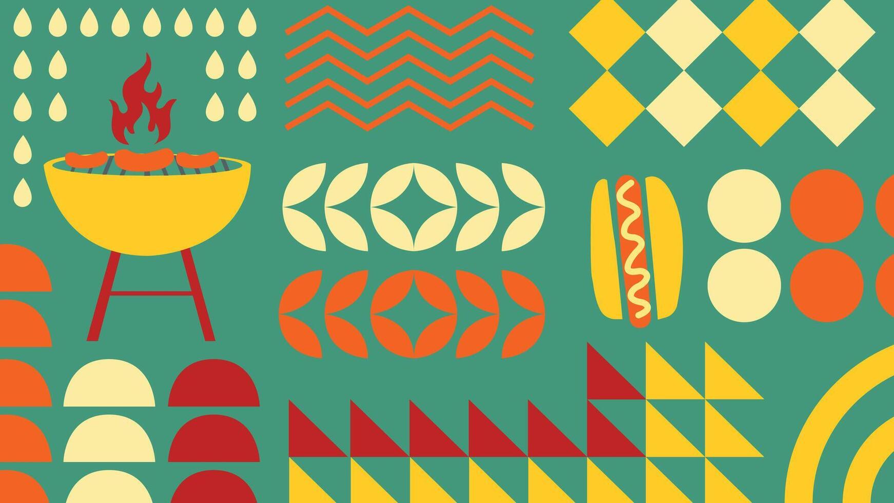A vibrant BBQ themed background with geometric elements, grill, sausages, and decorative shapes. Perfect for summer designs, food related projects, and retro inspired backgrounds. vector