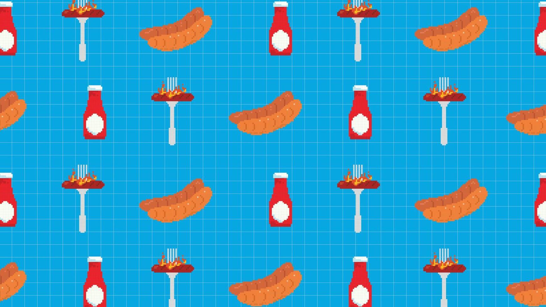 A pixel art background showing sausages, ketchup bottles and grilled sausages on forks on a blue grill background. Perfect for BBQ themes, food-related prints or digital designs. vector