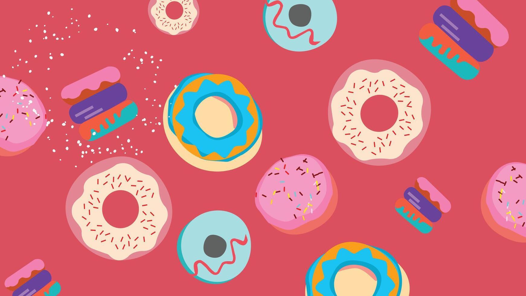 A lively and colorful background of donuts, macarons, and sprinkles on a red background. A trendy dessert themed digital illustration ideal for branding, textiles, and sweet food packaging. vector