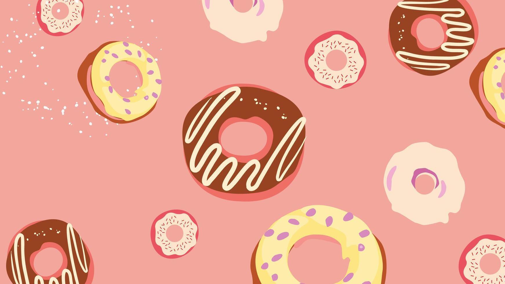 A background of delicious donuts with chocolate, vanilla, and pink icing on a soft pastel background. Sweet and tasty dessert illustration perfect for bakery-themed designs and prints. vector