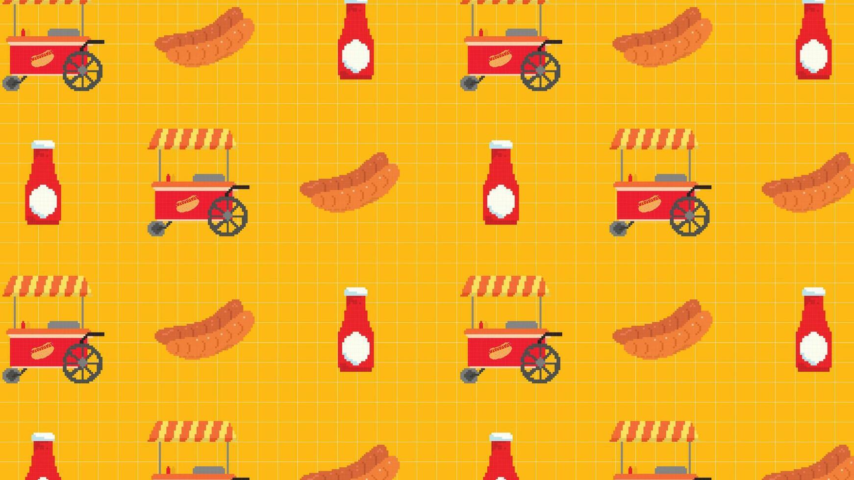 A pixel art background featuring hot dog carts, ketchup bottles, and sausages on a yellow grid background. Perfect for food related designs, restaurant themes, or retro-style digital projects. vector